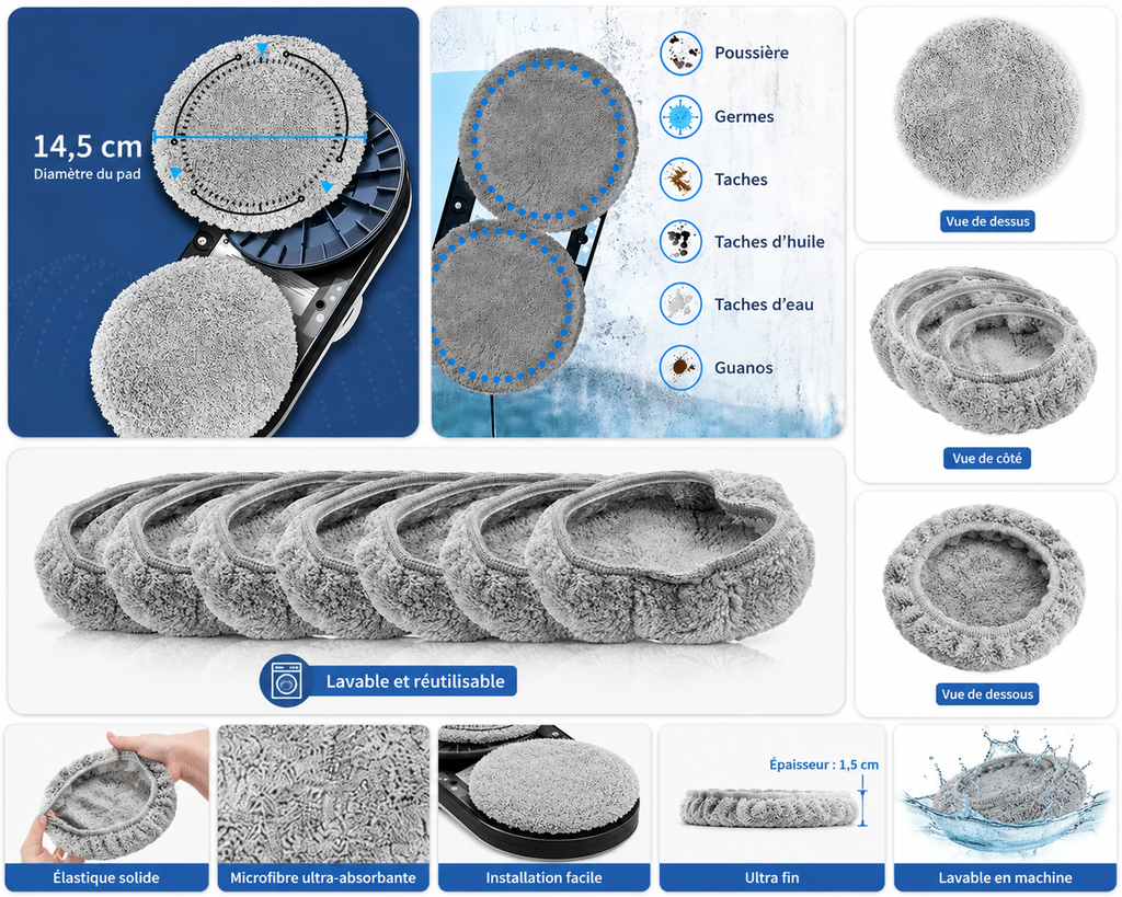 Pads Microfibres Ultra-Absorbants pour Robot Lave-Vitres