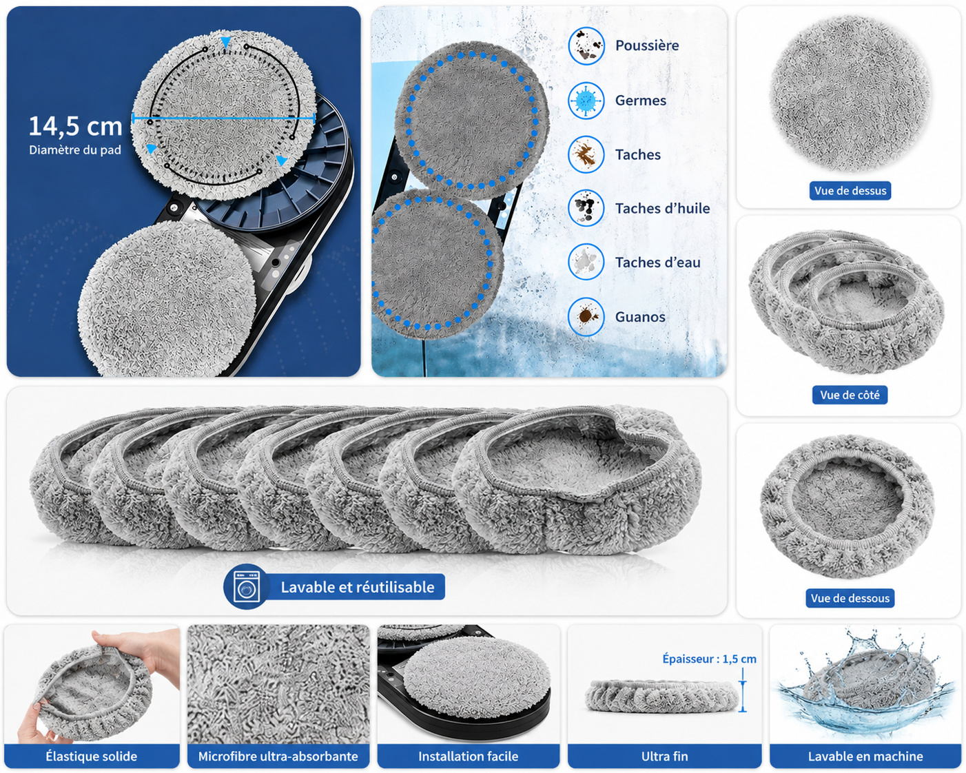 Pads Microfibres Ultra-Absorbants pour Robot Lave-Vitres